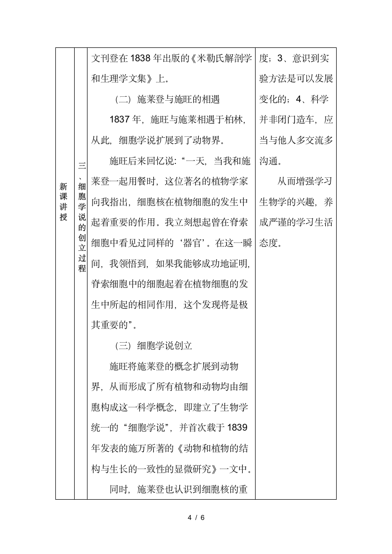 人教版生物七上第一单元第一章 科学家的故事  施莱登、施旺与细胞学说 教案.doc第4页