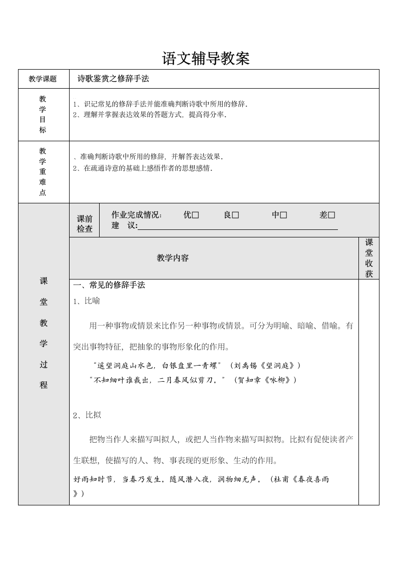 诗歌鉴赏之修辞手法——七年级升八年级语文暑假辅导拔高学案（含答案）.doc