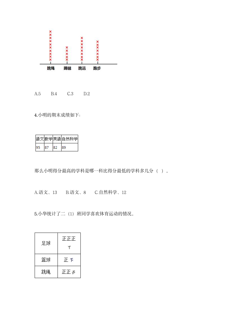 人教版二年级下册数学第一单元 数据收集整理 基础训练（含答案）.doc第2页