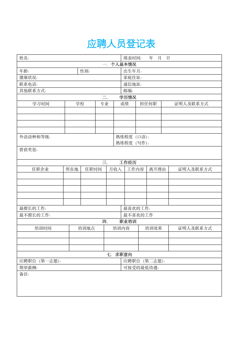 人事管理-应聘人员登记表常用模板.docx