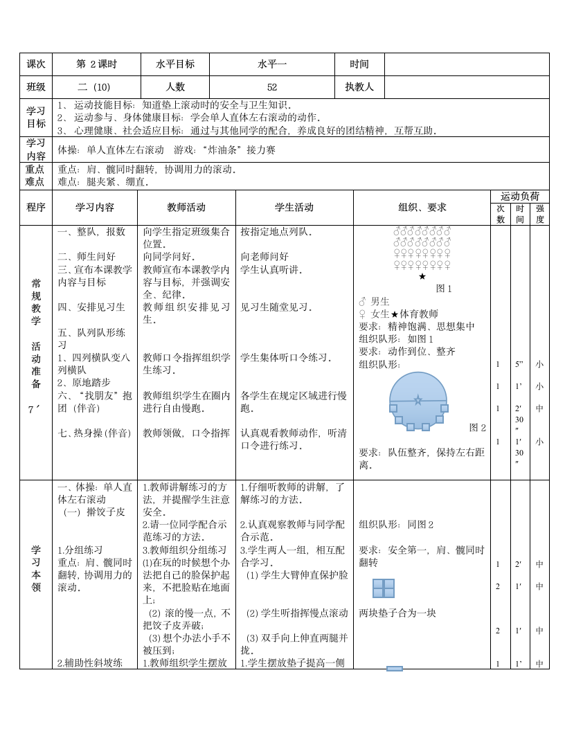 二年级体育单人直体左右滚动 教案 全国通用.doc第2页