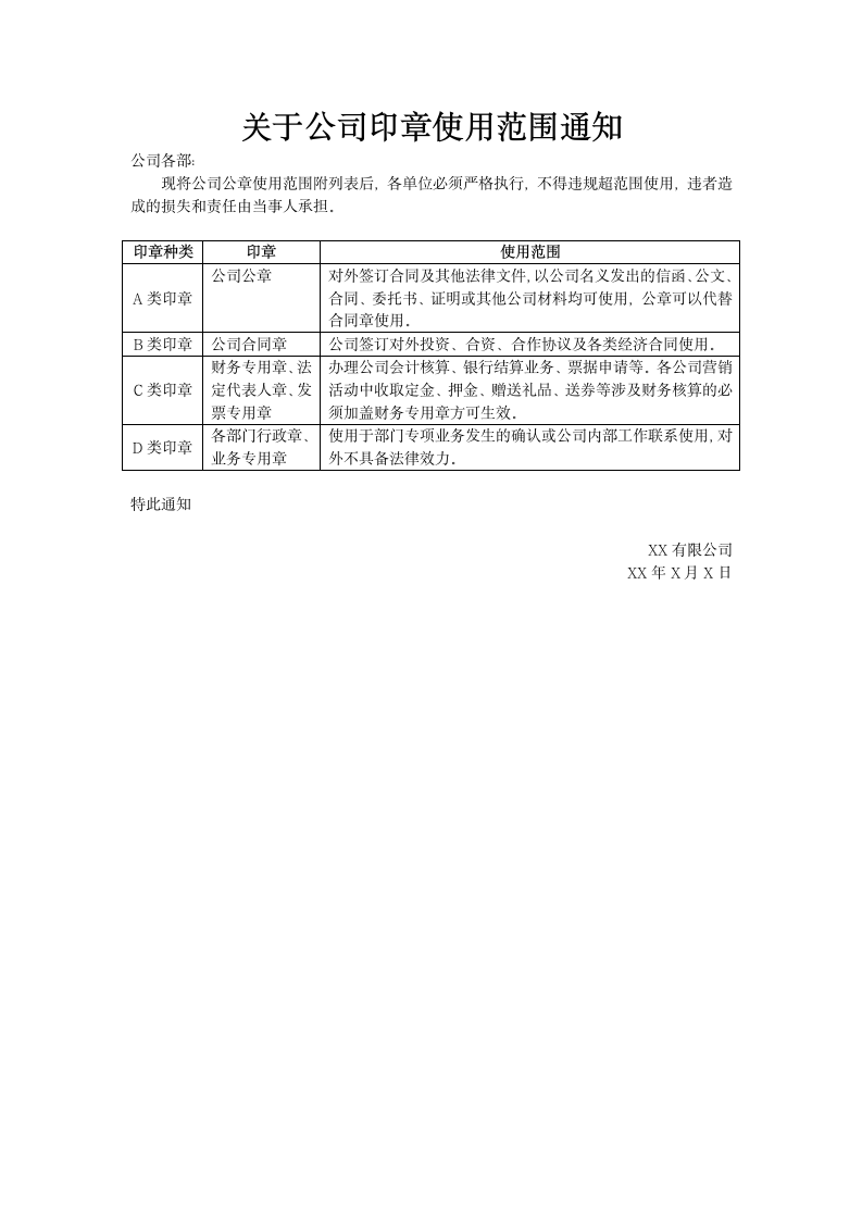 公司印章使用范围通知.docx