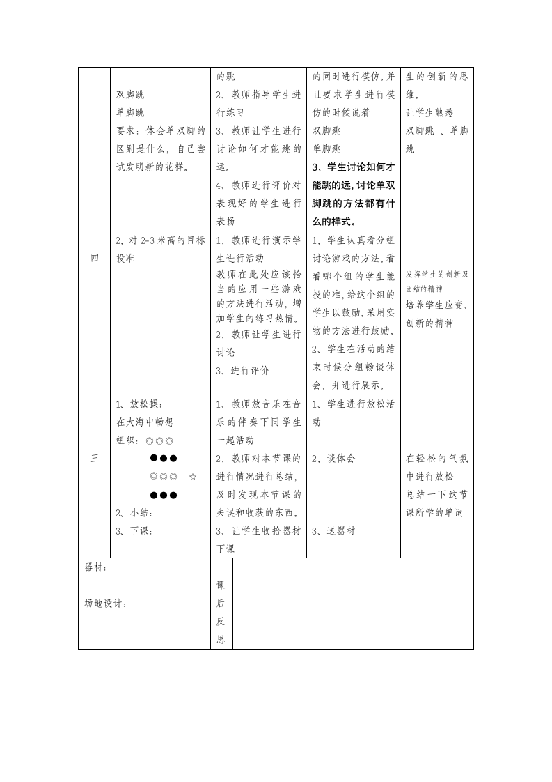 一年级下册  体育与健康教案第14周1 课时各种姿势起动的自然跑2、各种方式的单双脚跳3、对2-3米高的目标投准.doc第2页