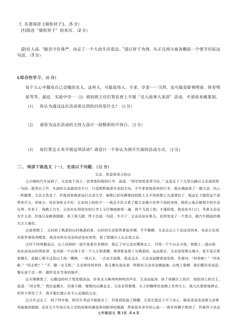 河南省新蔡县2020-2021学年七年级下学期期中测试卷语文试题（word版 含答案解析）.doc第2页