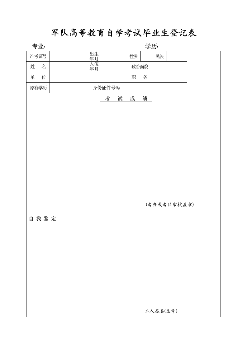 高等教育自学考试毕业生登记表第1页