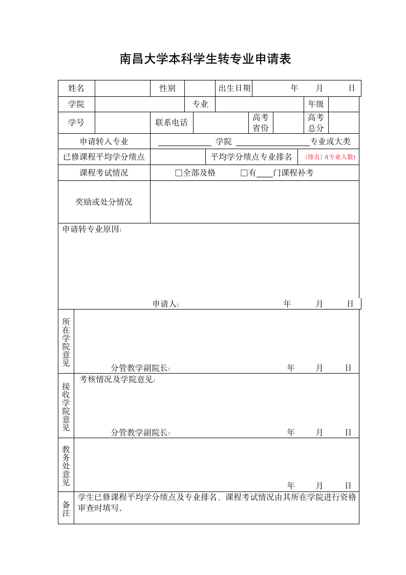 南昌大学本科学生转专业申请表第1页