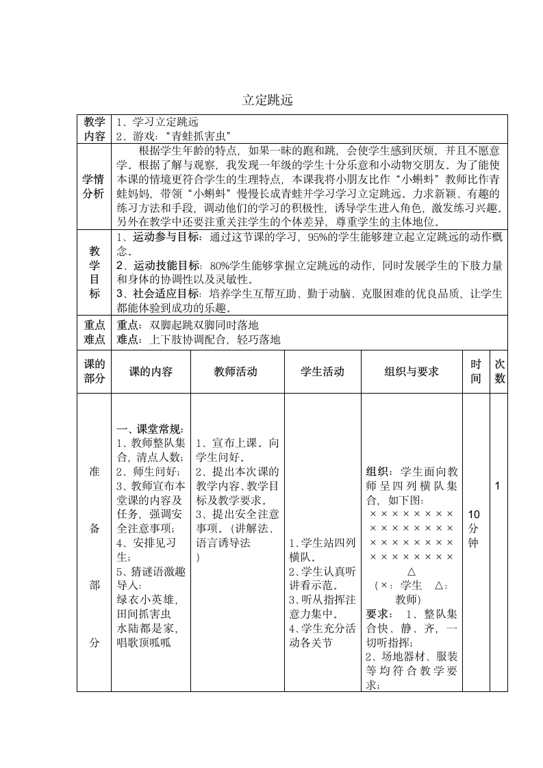 体育与健康 一年级下册-立定跳远  教案（表格式）.doc第1页