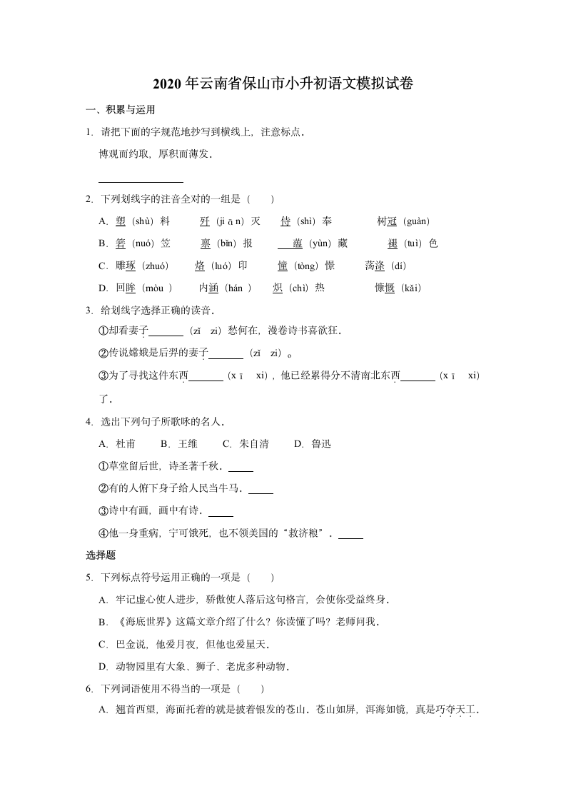 2020年云南省保山市小升初语文模拟试卷（含解析）.doc第1页