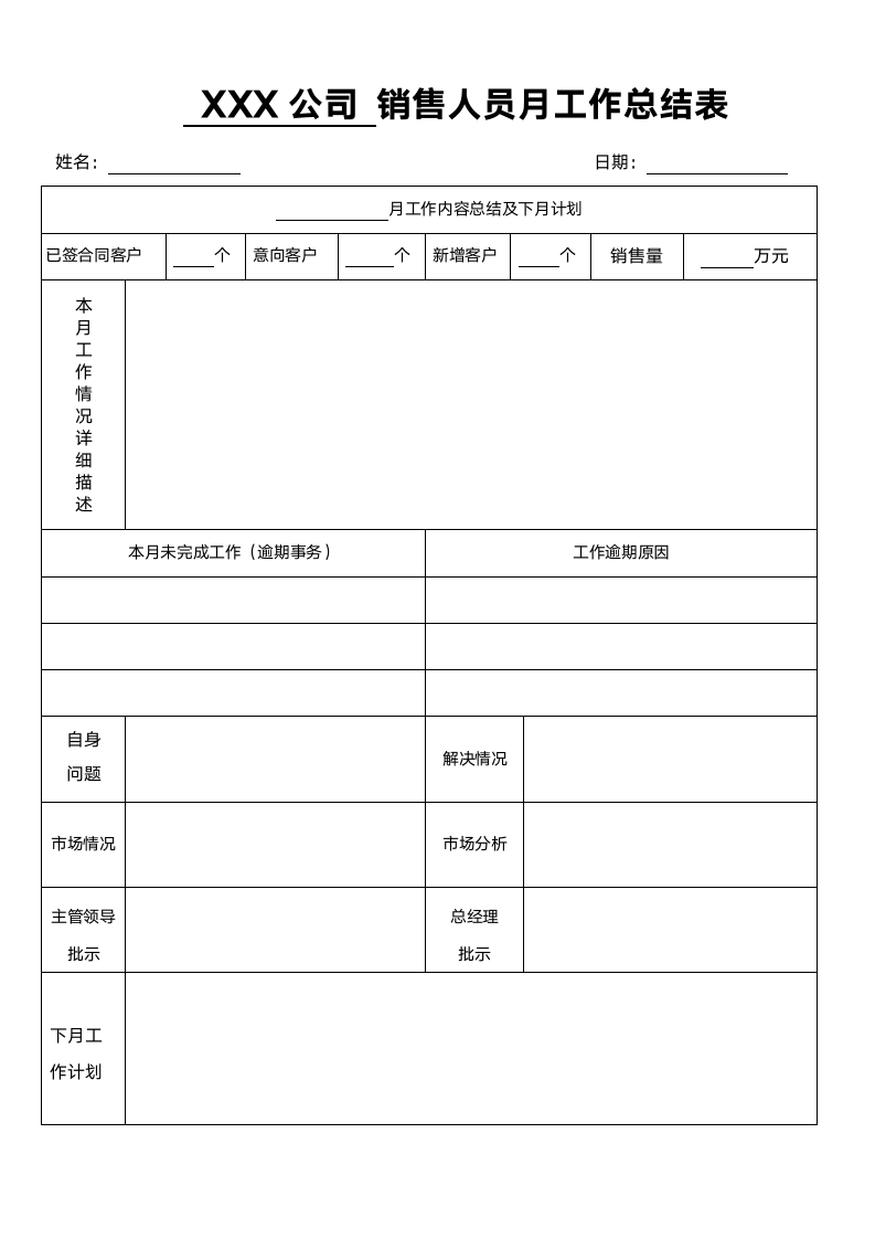 企业销售人员月工作总结汇报计划表.docx第1页