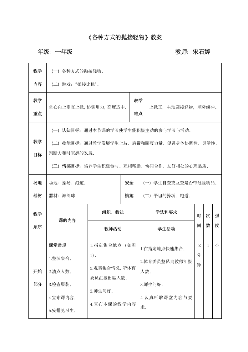 体育与健康人教1～2年级全一册各种方式的抛接轻物 教案.doc第1页