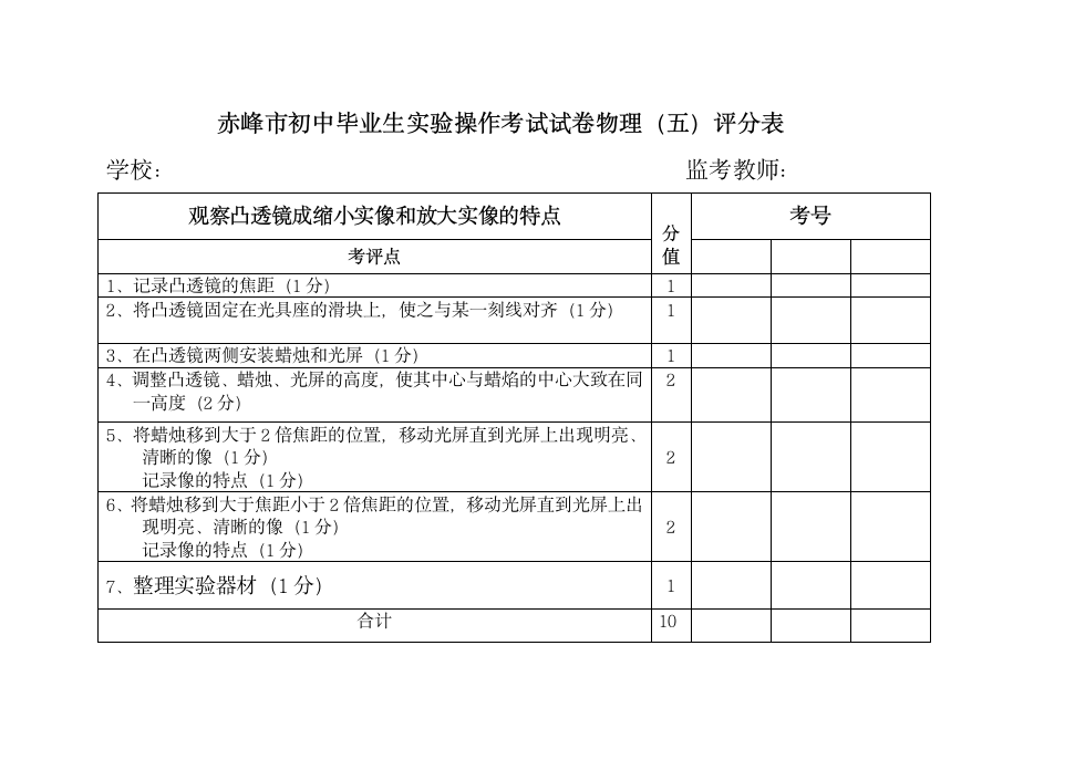 赤峰市初中毕业生实验操作考试评分表第5页