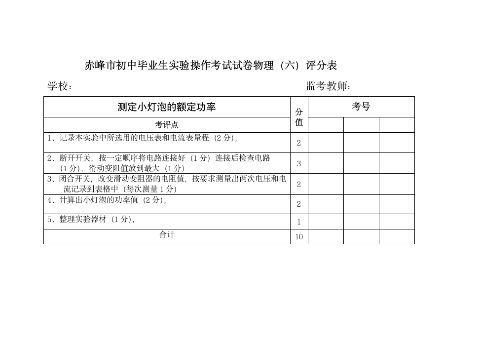 赤峰市初中毕业生实验操作考试评分表第6页