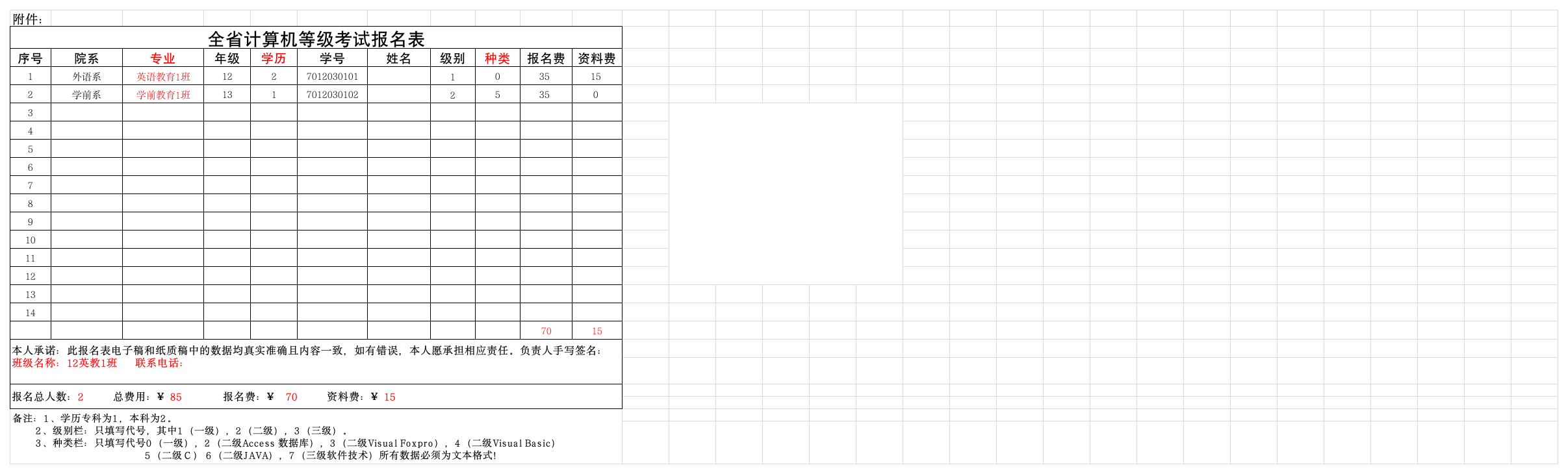 省计算机等级考试报名模板第1页