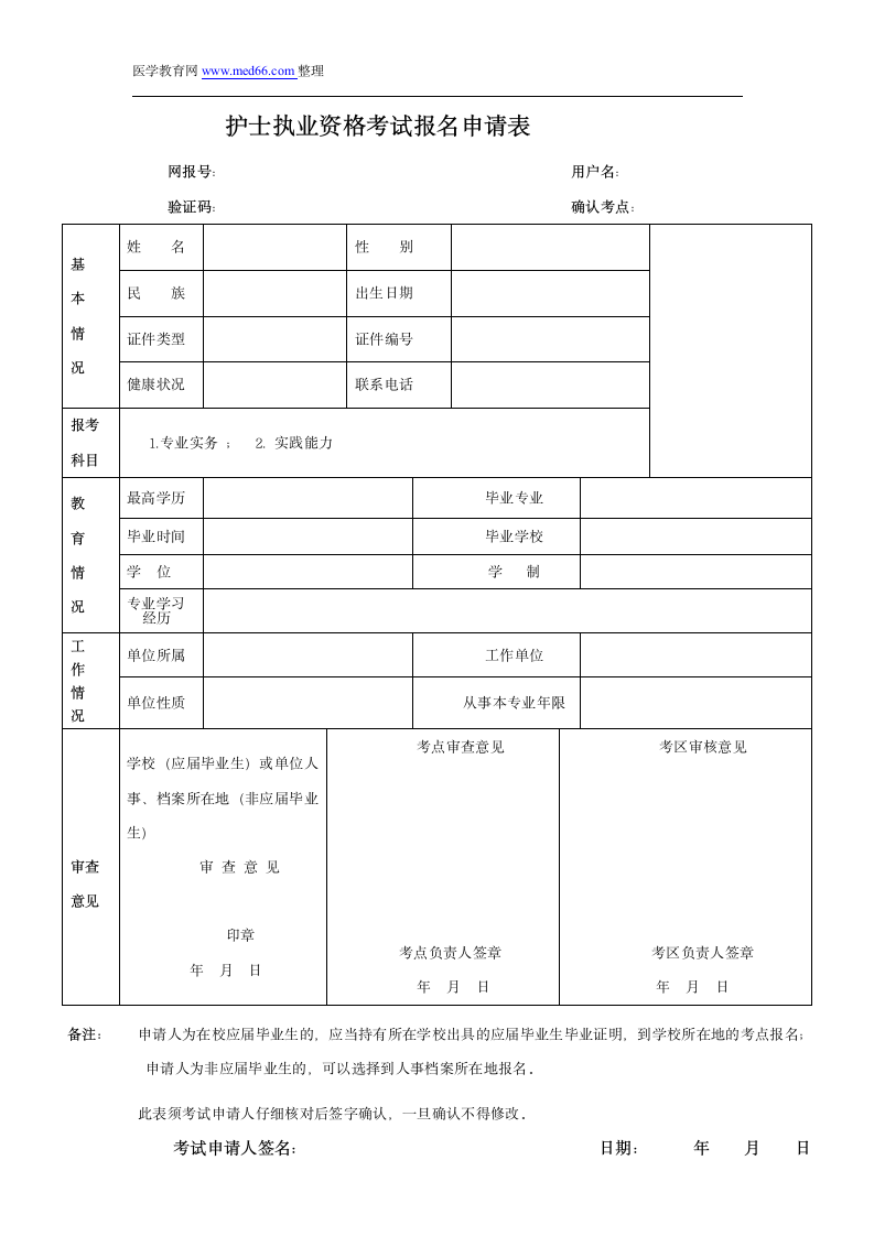 护士执业资格考试报名申请表第1页