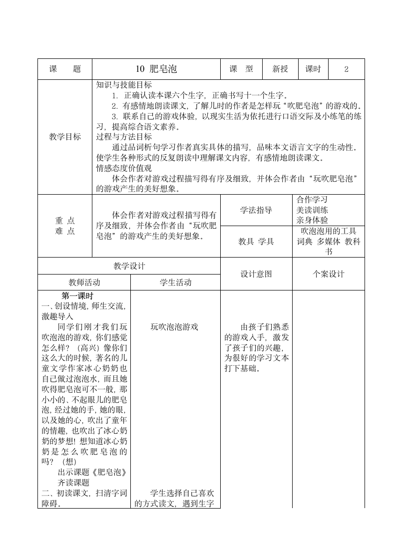 10 肥皂泡  （表格式教案2课时）.doc第1页