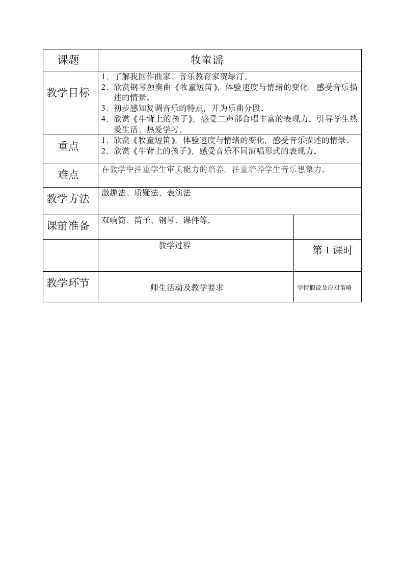 冀少版  五年级上册音乐教案  第五单元 牧童谣.doc第1页