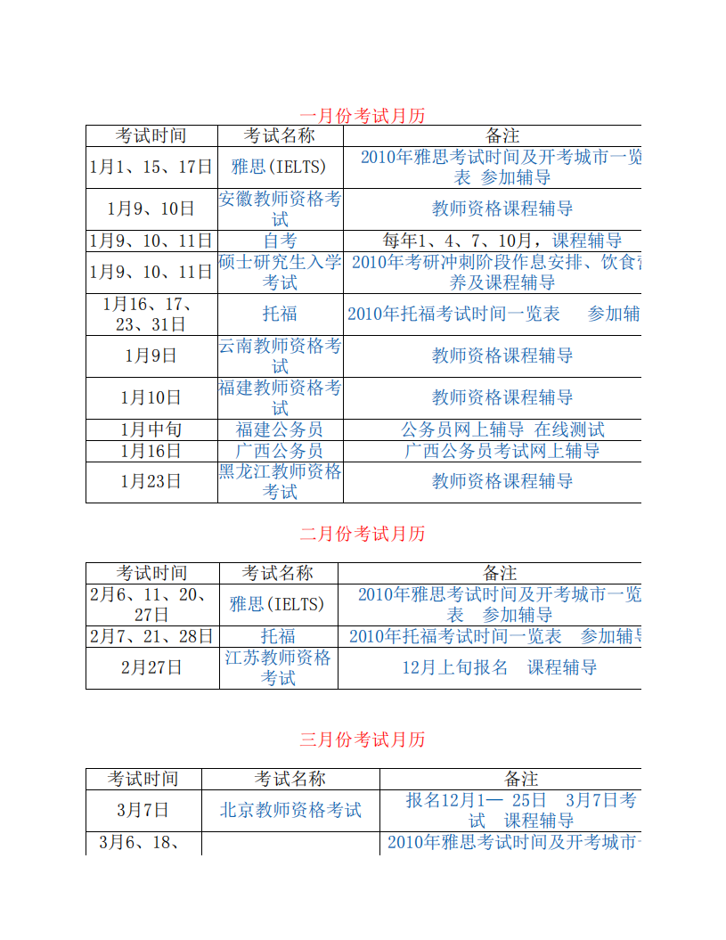 2010年各种考试时间安排表第1页