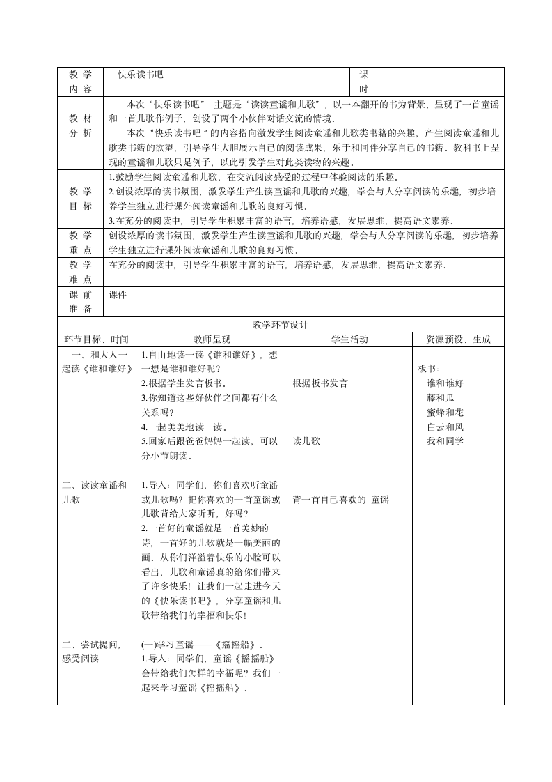 部编版语文一年级下册 快乐读书吧 教案(表格式).doc第1页