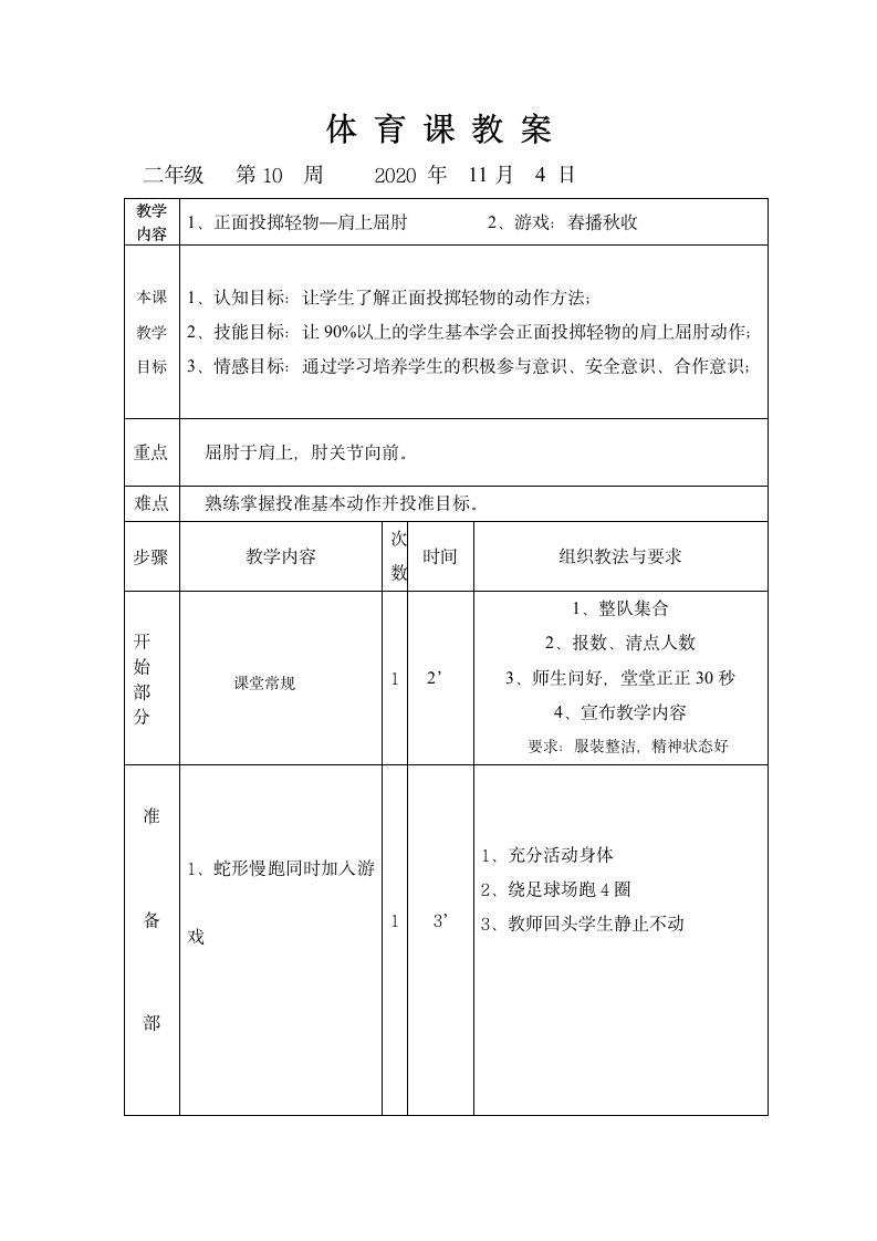 体育与健康人教1～2年级全一册正面投掷轻物—肩上屈肘教案.doc第1页