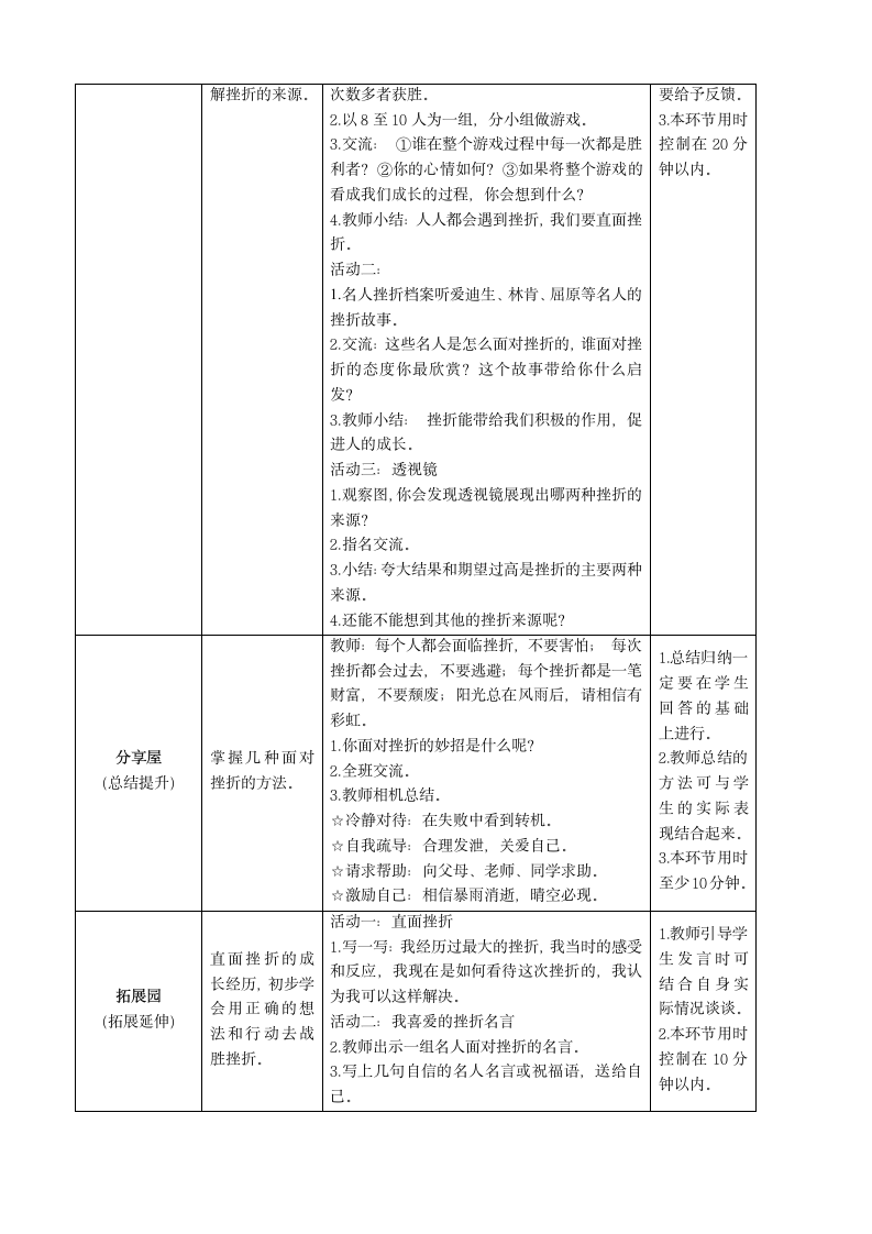 鄂科版心理健康教育全册四年级第九课在挫折中成长教案（表格式）.doc第2页