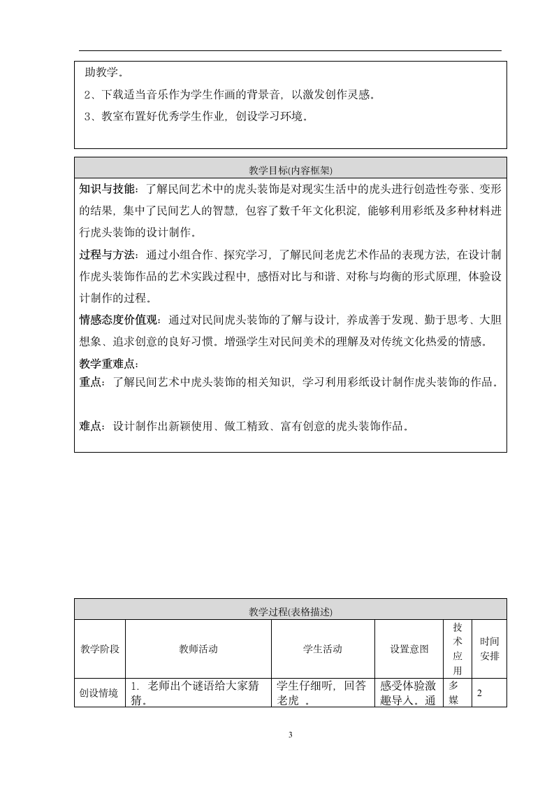 人美版（北京）  (3) 四年级下册美术第17课  虎头装饰教案（表格式）.doc第3页