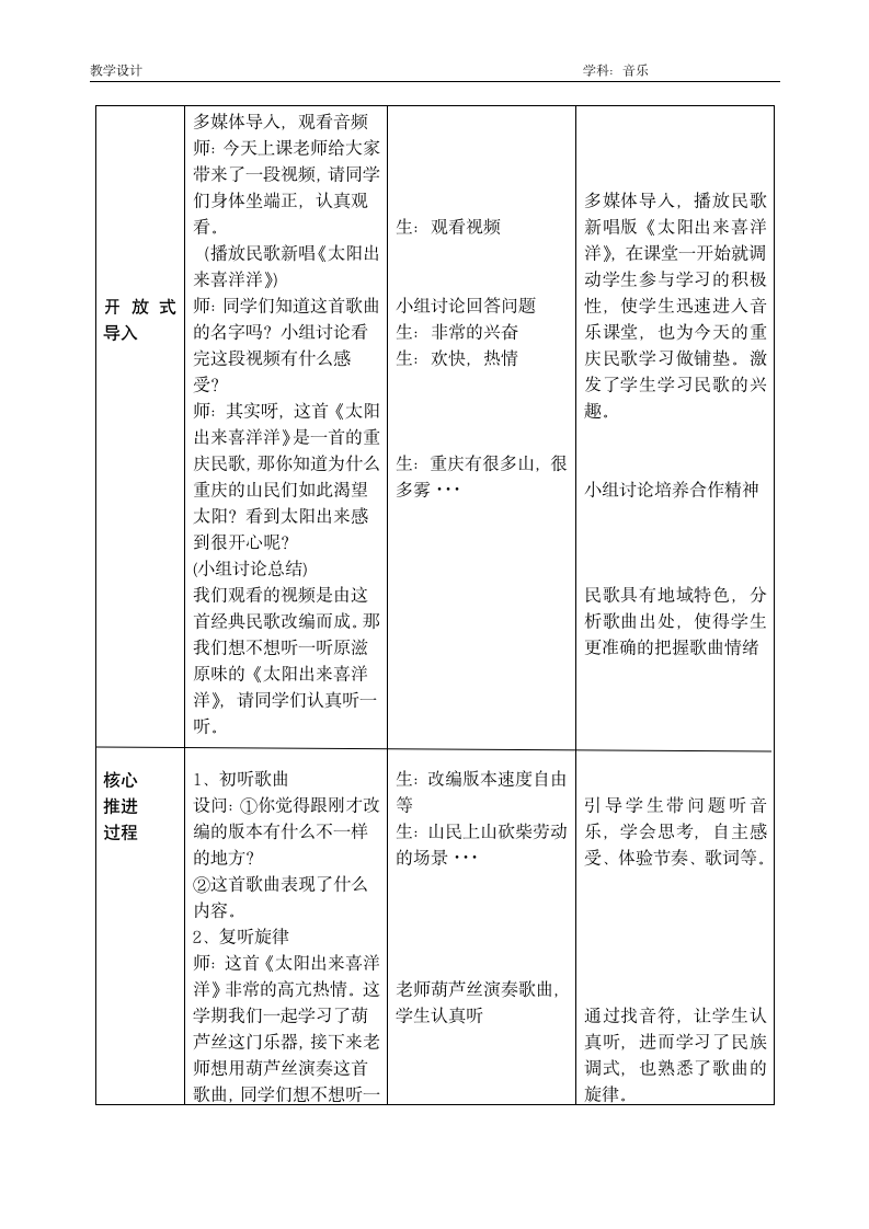 苏少版    四年级上册音乐第六单元 太阳出来喜洋洋 教案 （表格式）.doc第2页