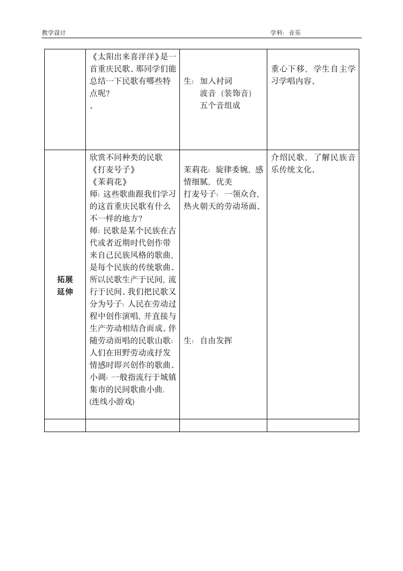 苏少版    四年级上册音乐第六单元 太阳出来喜洋洋 教案 （表格式）.doc第5页