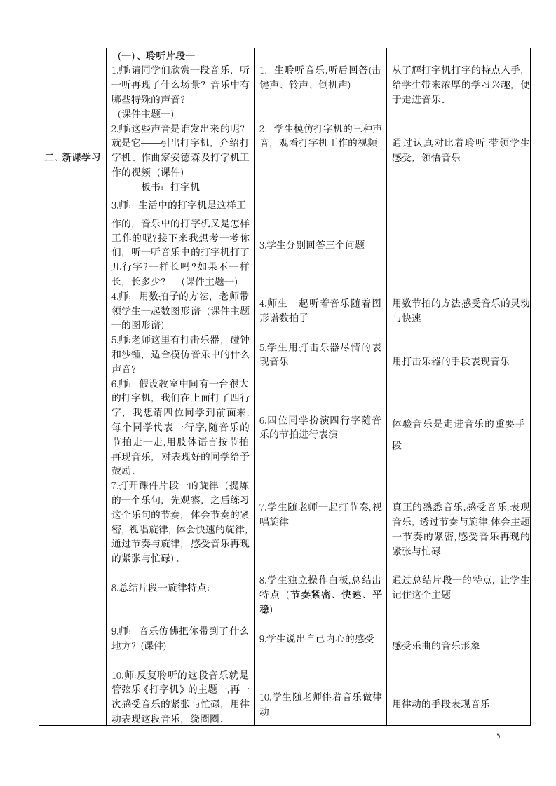 人音版（五线谱） (北京） 五年级上册音乐  第六单元 打字机｜  教案（表格式）.doc第5页