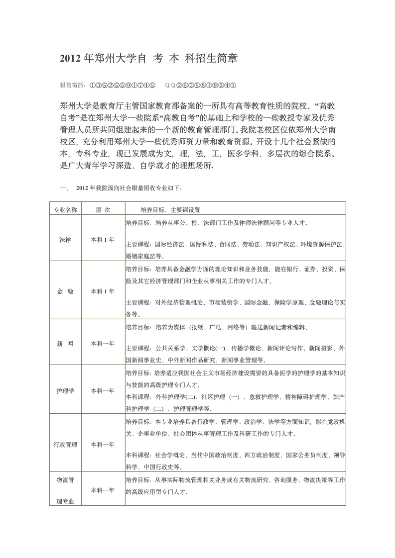 2012年郑州大学自考本科招生简章第1页