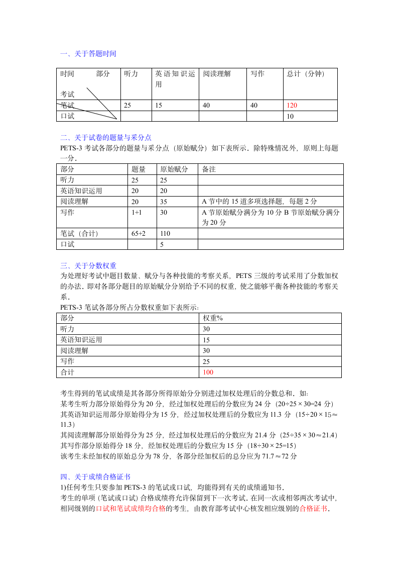 PETS-3题量时间与分数比重第1页