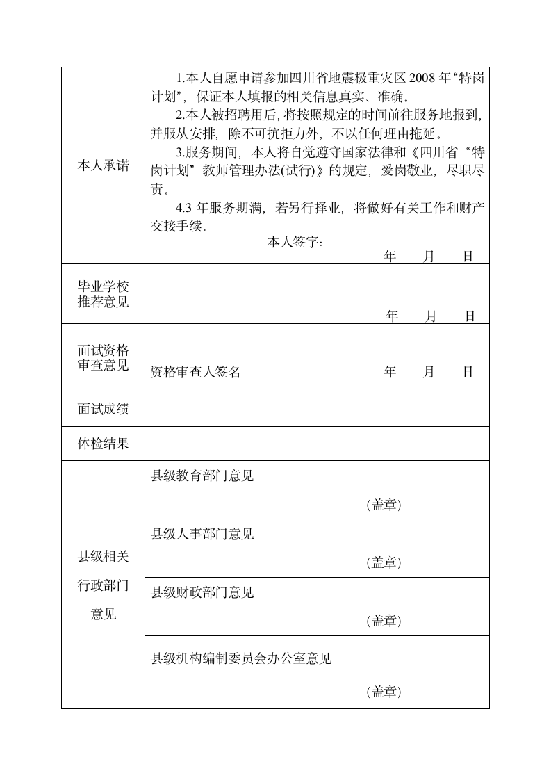 四川省地震极重灾区2008年招聘特岗教师报名登记表第2页