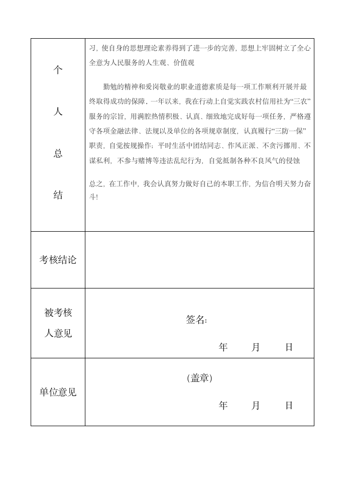 山西省农村信用社联合社员工年度考核登记表第2页