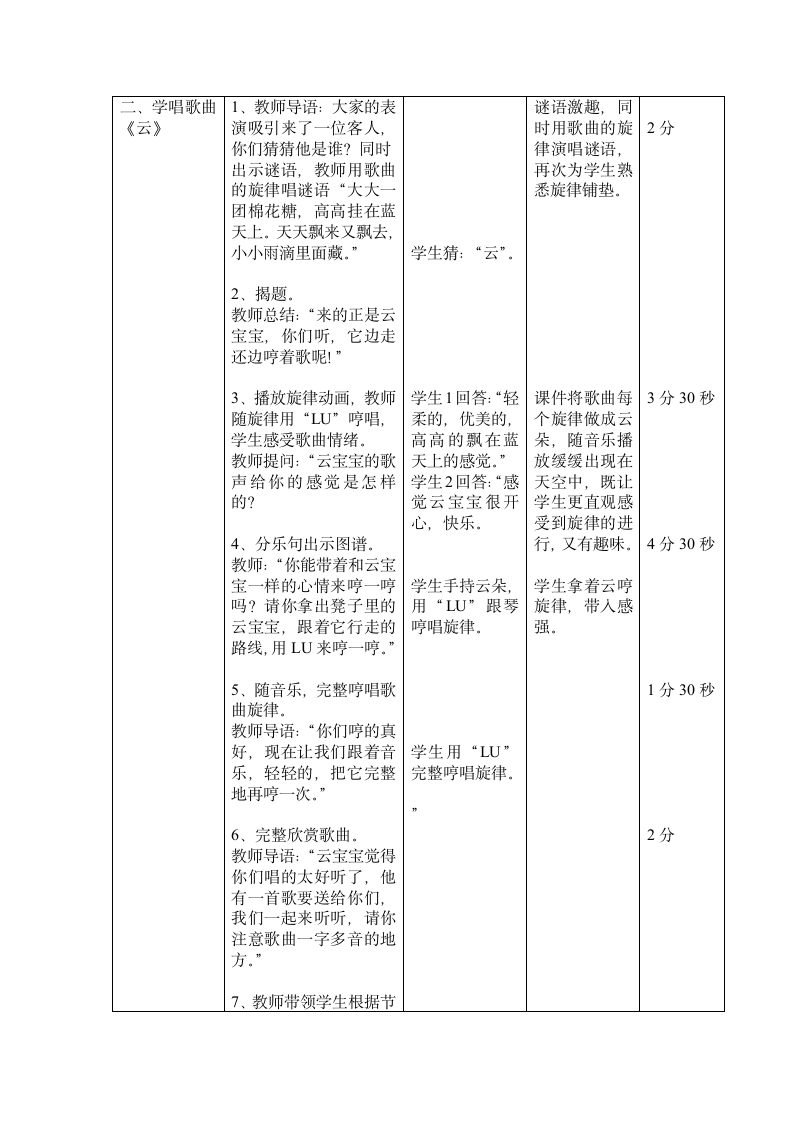 人音版 （五线谱）   二年级上册音乐教案-7 《云》（表格式）.doc第2页