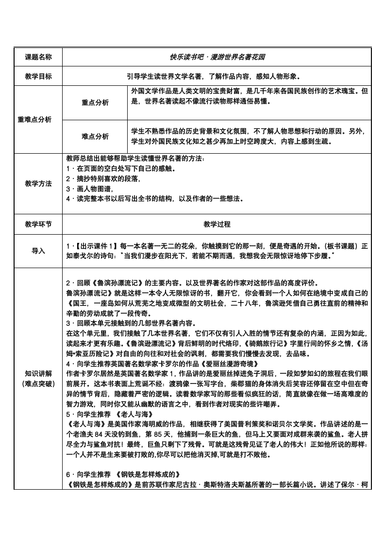 部编版六年级语文下册-快乐读书吧：漫游世界名著花园     教案.doc第1页