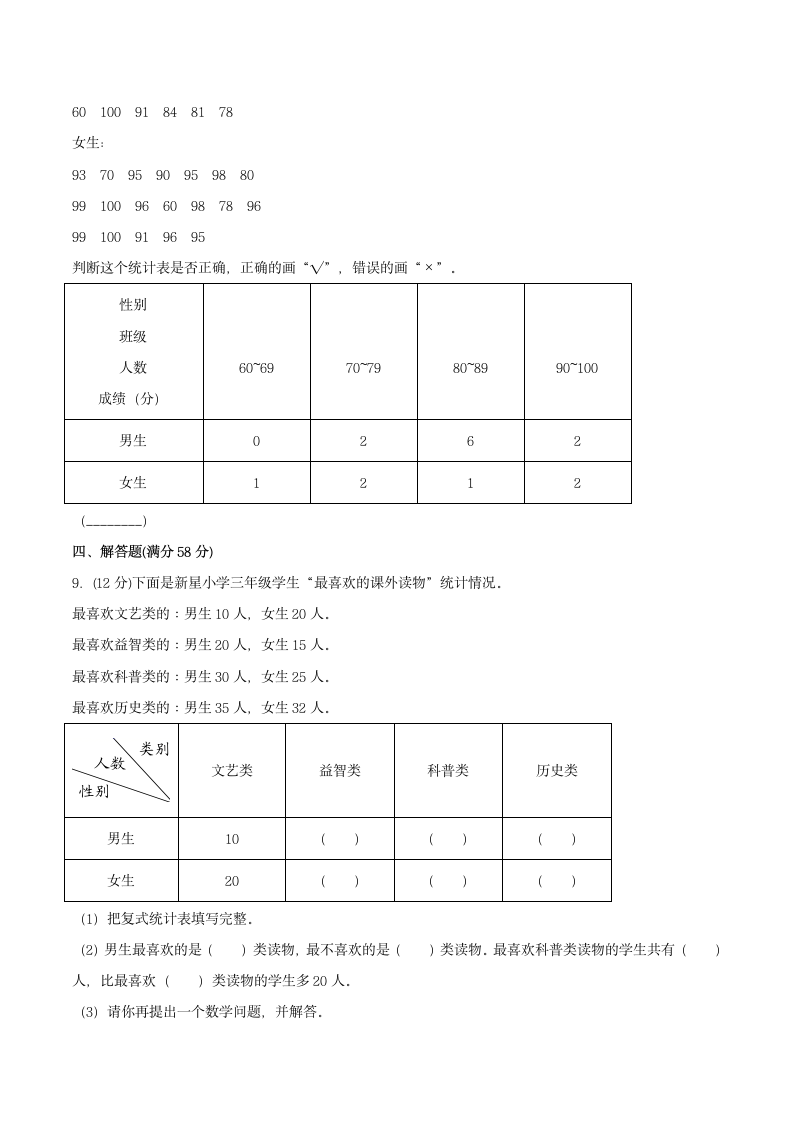 人教版小学数学三年级下册 3.《复式统计表》单元复习卷（含答案）.doc第4页