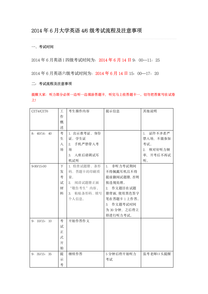 2014年6月大学英语46级考试流程及注意事项第1页