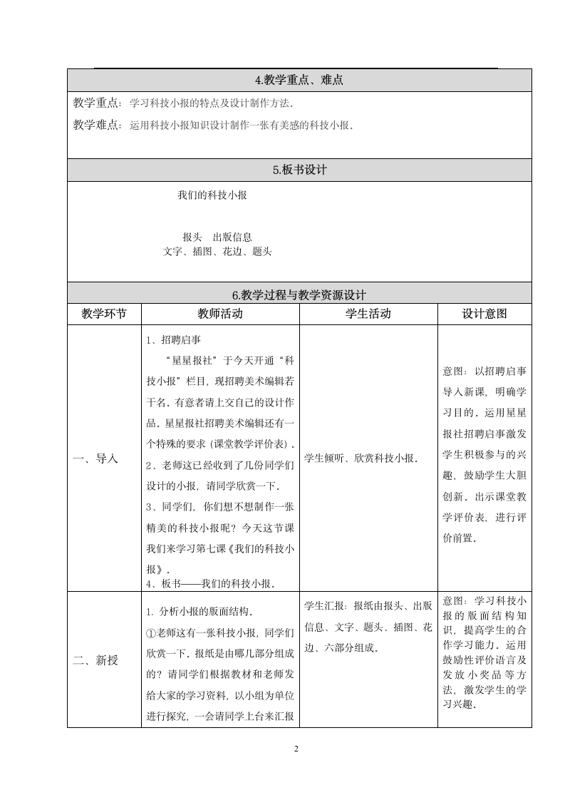 人美版（北京）  四年级上册美术 第7课  我们的科技小报 教案（表格式）.doc第2页