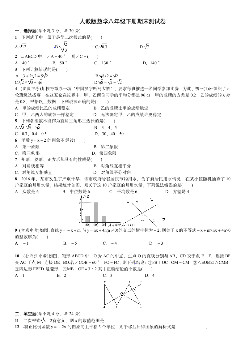 人教版数学八年级下册期末测试卷.docx第1页