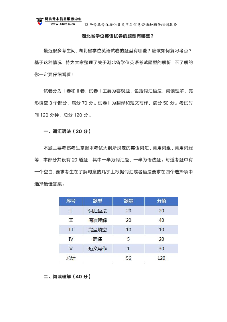 湖北省学位英语试卷的题型有哪些？第1页