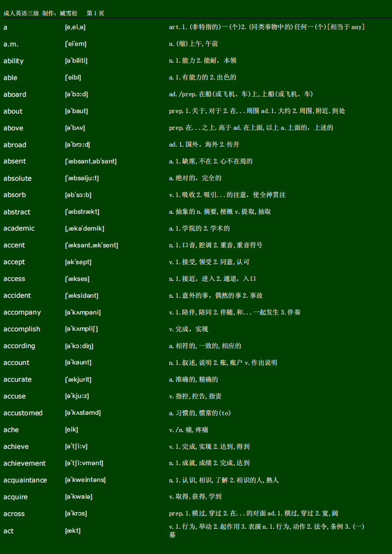 成人英语三级单词本第1页
