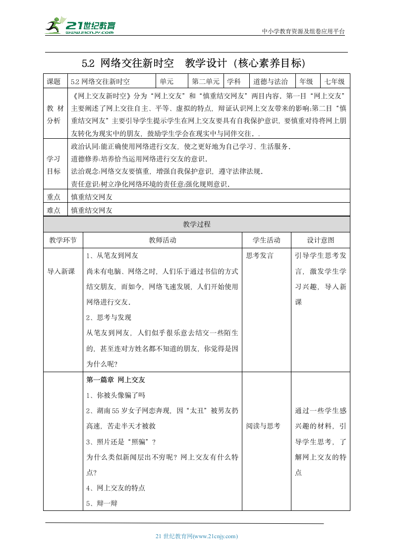 【核心素养目标】5.2网上交友新时空 教案.doc第1页