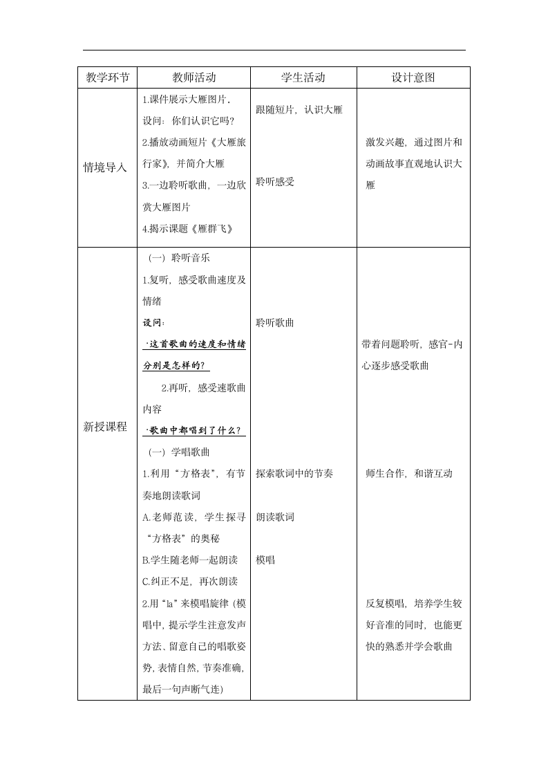 人音版 （五线谱）  一年级下册音乐 3 《雁群飞》 ︳教案（表格式）.doc第3页