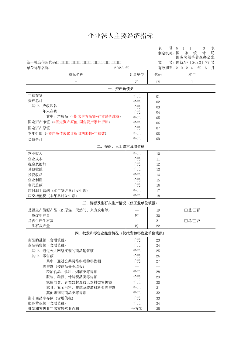 企业法人主要经济指标-611-3表第1页