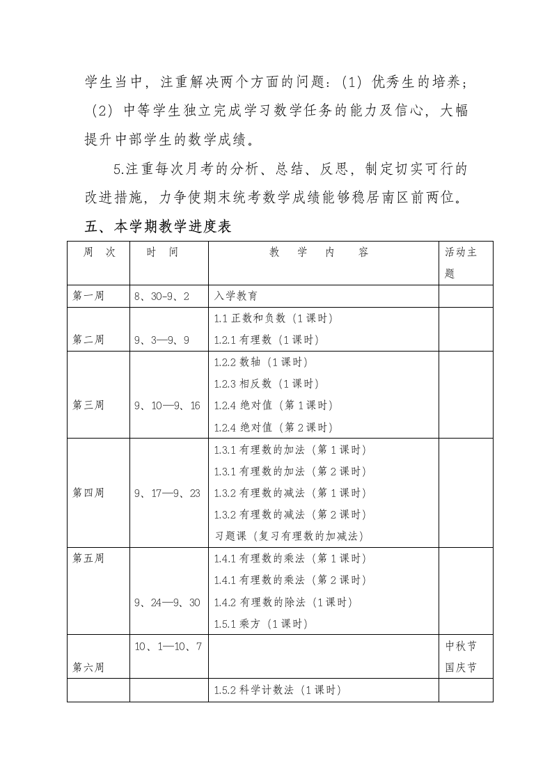 人教版数学七年级上册教学工作计划（含进度表）.docx第5页