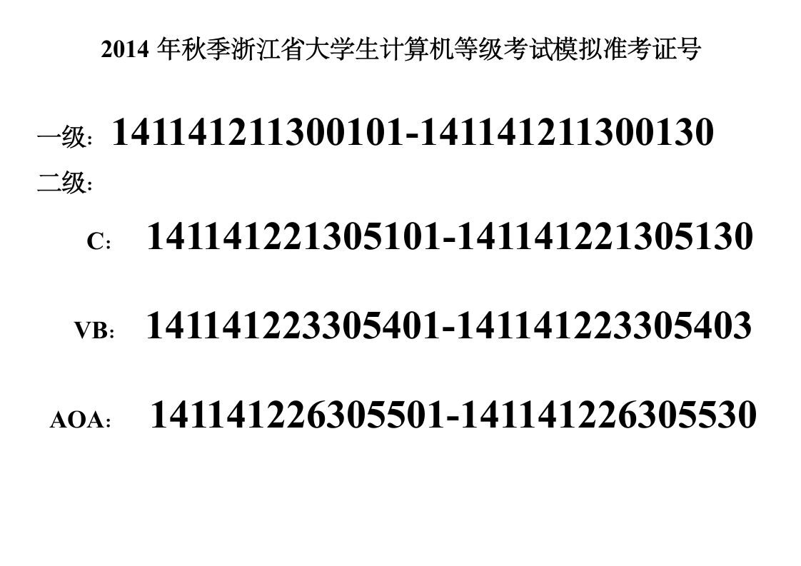 2014年秋季浙江省大学生计算机等级考试模拟准考证号[1]第1页