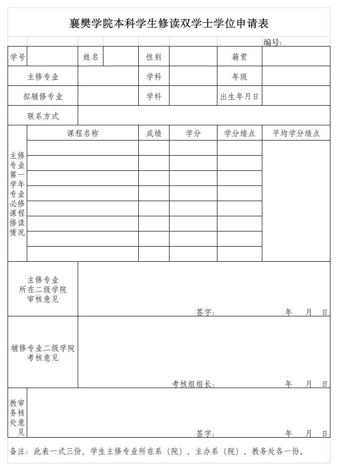 襄樊学院理工学院双学位申请表第1页