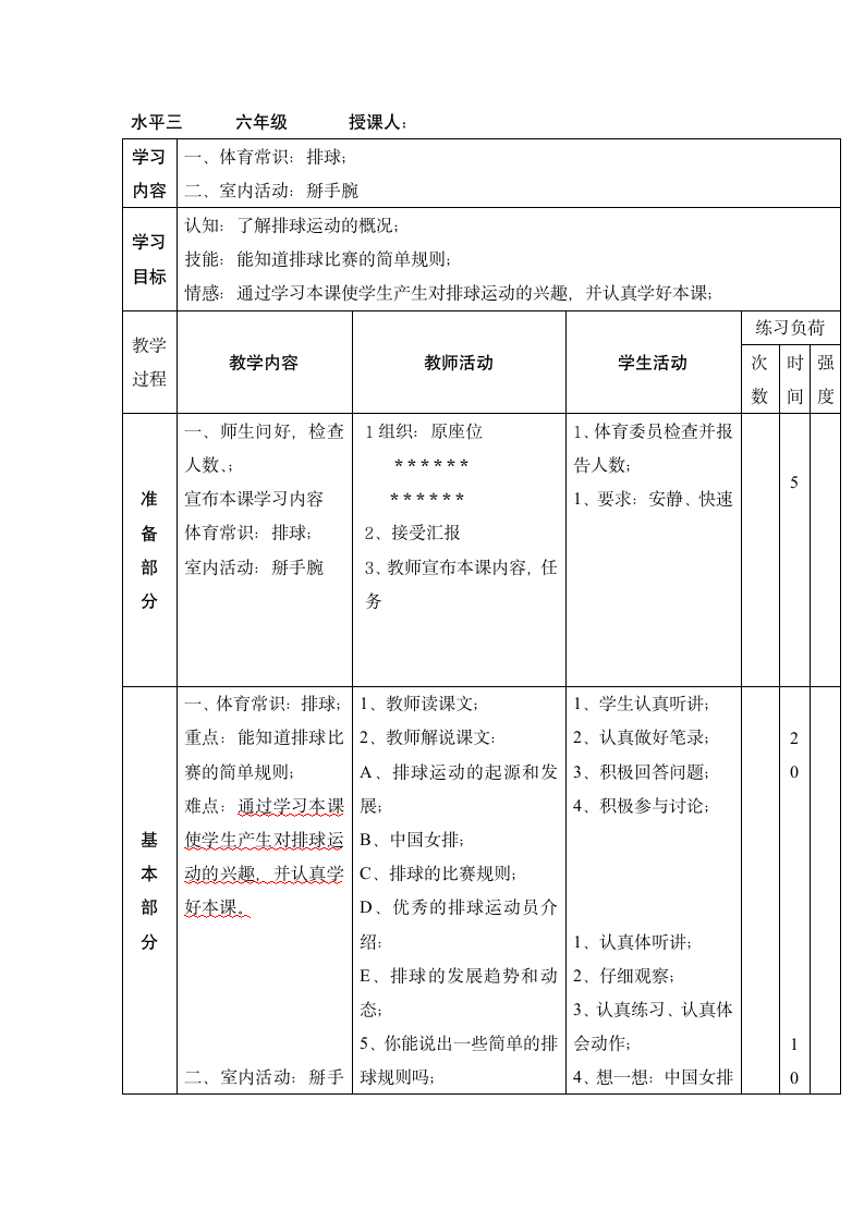 六年级上体育   排球的体育常识  教案  全国通用.doc第1页