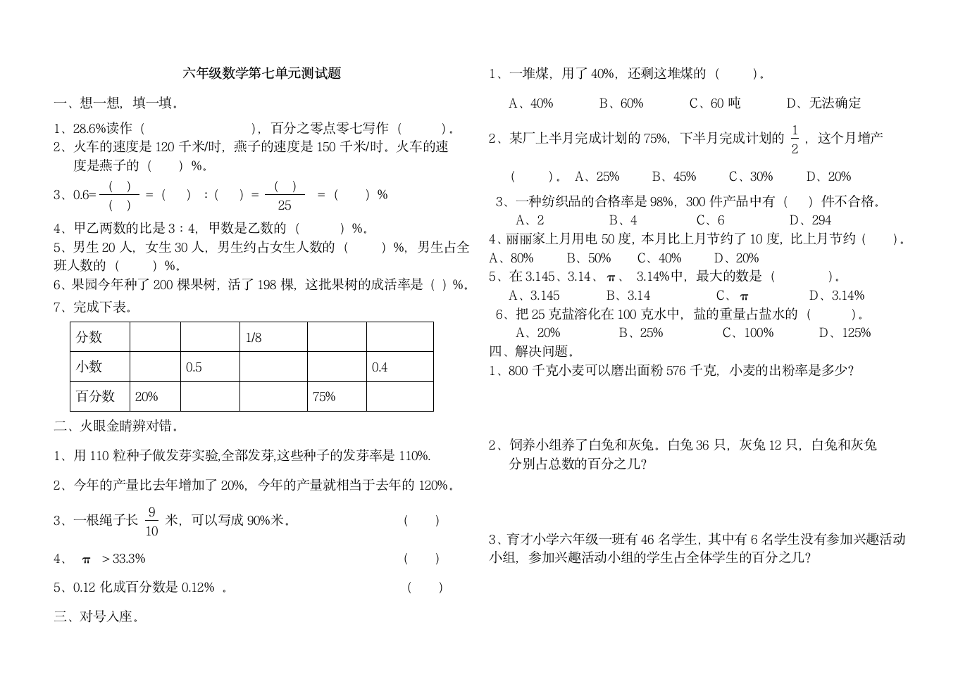 六年级数学上册百分数测试题.doc第1页