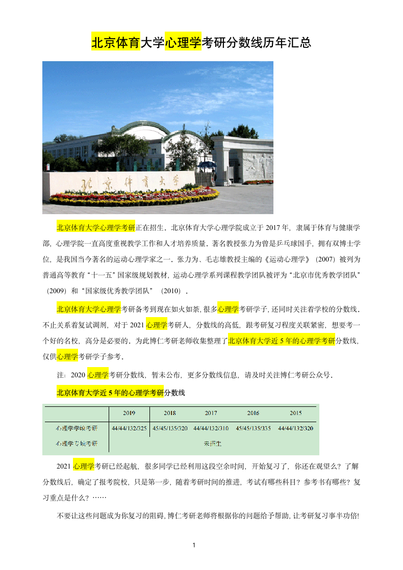 北京体育大学心理学考研分数线第1页