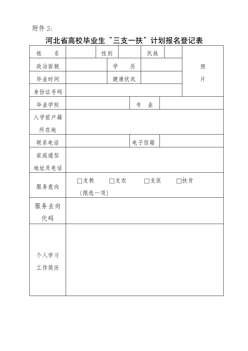 河北省高校毕业生“三支一扶”计划报名登记表第1页